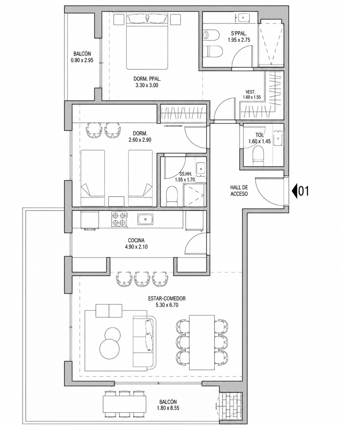 Plano de departamento tipología A de MET Del Sol