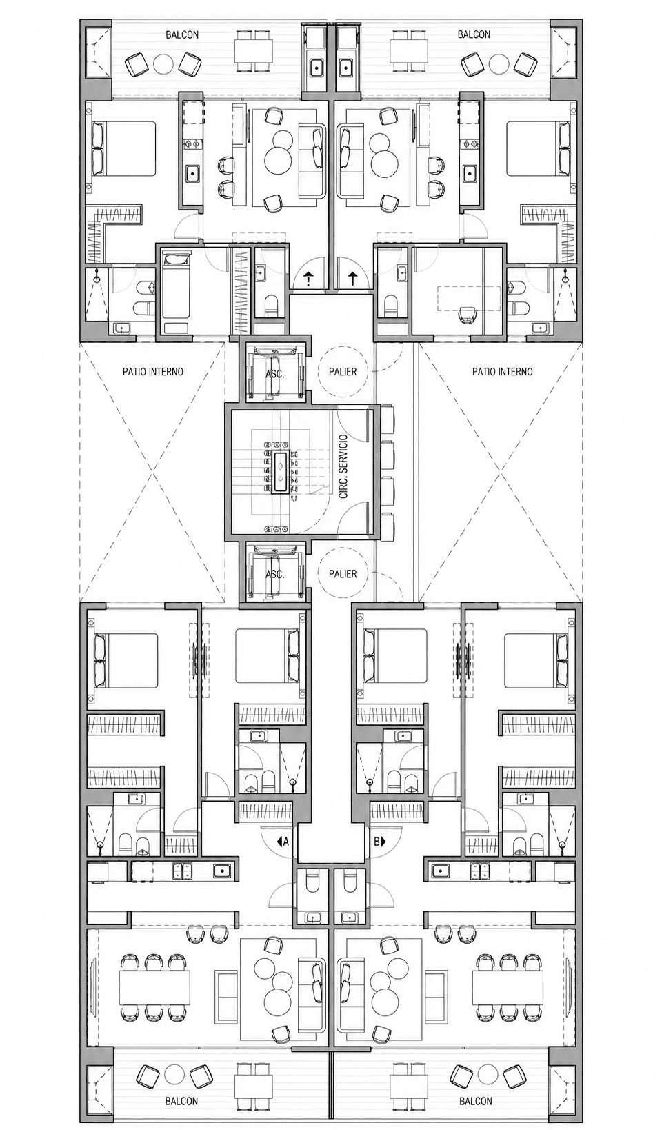 Plano de planta con cuatro departamentos por piso en Blu
